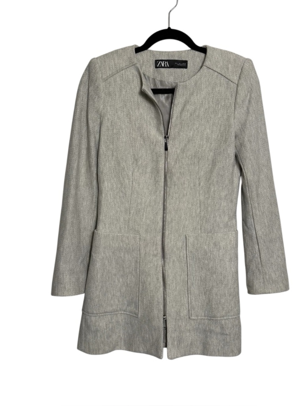 Zara Gray Marl Herringbone Longline Blazer Jacket Zip Minimalist S